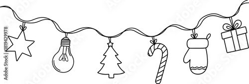 Christmas garland with hand drawn doodle icons: star, glowing light bulb, fir tree, candy cane, mitten, gift box. minimalist holiday decor.