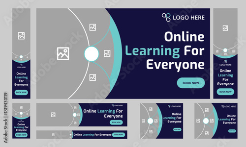 Customizable vector online education web set banner design for social media post, daily learning web bundle banner design, editable vector eps 10 file format