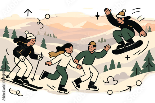 Winter Hillside Sunrise. Morning light over hills. Snow-covered slopes and trees illuminated by soft sunrise