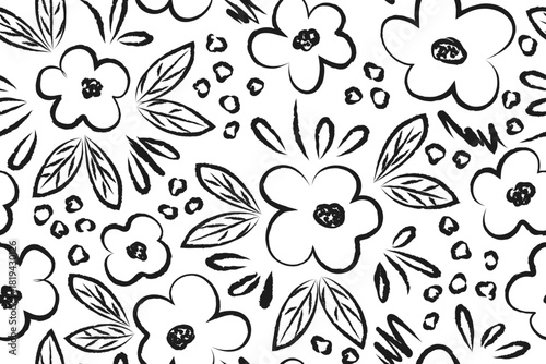 Seamless floral pattern drawn with black brushstrokes. Monochrome, hand-drawn botanical ornament. Ink-drawn simple flowers, leaves, and strokes. Floral elements on white background.