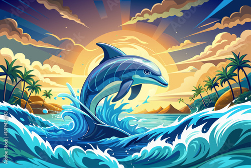vector of A dolphin leaping from the ocean with dynamic water and lightning, displaying aquatic agility and natural grace, a vibrant scene of marine wildlife.