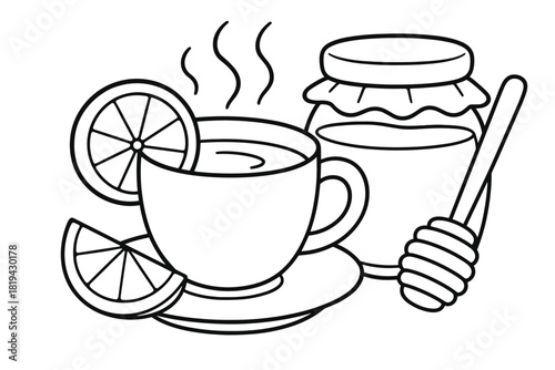 Tea Time Coloring. Hot tea served with lemon and honey children’s coloring book illustration, outlined drawing