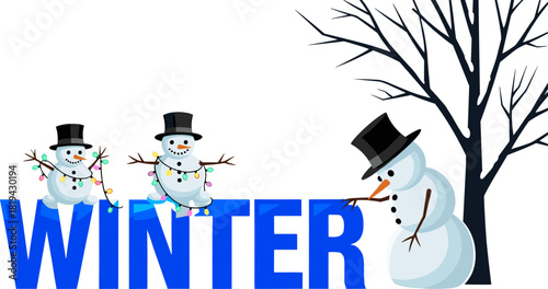 Playful snowmen in top hats decorating the prominent 3d word winter with vibrant string lights, standing beside a solitary bare winter tree, evoking a cheerful holiday spirit.