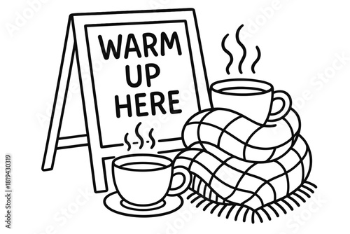 Cozy Café Coloring. Cozy café sign children’s coloring book illustration, outlined drawing, "Warm up here"