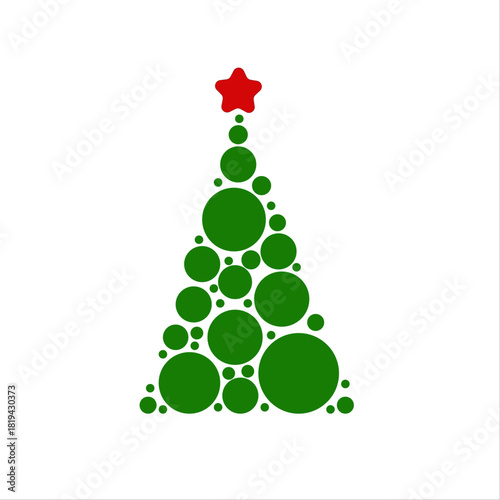 Bubble ornament Christmas tree — round decorative holiday icon. Christmas tree composed of round bubble ornaments with red star. Fun decorative festive vector