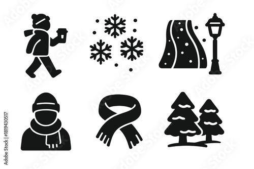 Snowy City Icons. Snowy city coffee walk. Filled icon set of snowy city coffee walk: person with takeaway