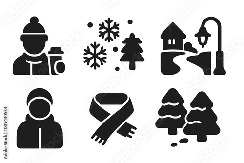 Winter Coffee Icons. Winter walk with takeaway coffee. Filled icon set of winter walk with takeaway coffee:
