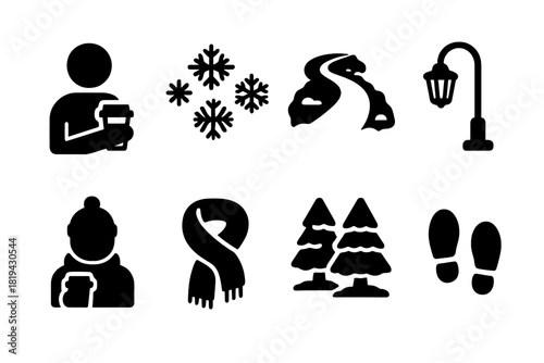 Snowy Coffee Icons. Snowy path with coffee. Filled icon set of snowy path with coffee: person holding takeaway