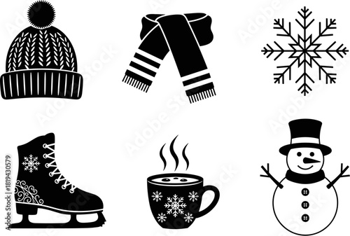 Winter icons set featuring essential elements of the season: knitted hat, scarf, snowflake, ice skate, steaming hot drink, and happy snowman design.