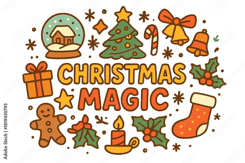 Naklejka premium Christmas Magic Doodle. Christmas Magic. Hand-drawn doodle illustration of Christmas Magic. Glass snow globe,