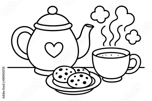 Cozy Tea Time. Cozy tea time children’s coloring book, outlined drawing, teapot with a cup and a plate of