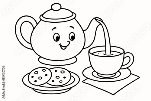Tea Time Coloring. Tea and cookie time children’s coloring book, outlined drawing, teapot pouring tea into a