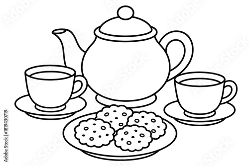 Children's Tea Party. Tea party setup children’s coloring book, outlined drawing, teapot with tea cups and a