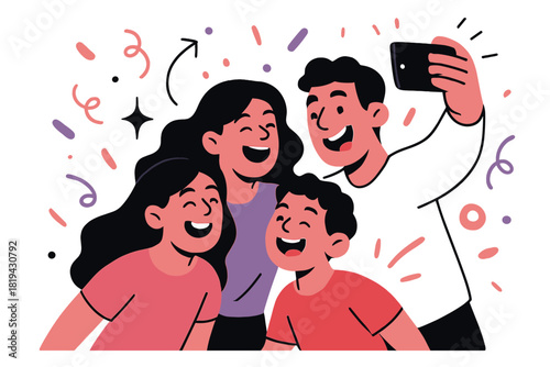 Joyful Group Selfie. Family taking a group selfie. Everyone leaning in with big smiles, confetti and sparkles