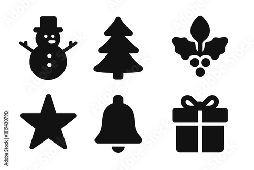 Black Holiday Icons. Holiday Symbols. Filled icon set of Holiday Symbols: snowman, Christmas tree, candle,