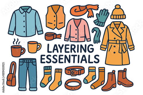 Layering Essentials Icons. Layering Essentials. Hand-drawn doodle illustration of Layering Essentials. Shirt,