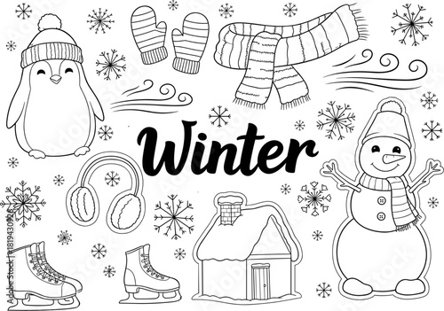 Delightful winter illustration set with cheerful penguin, happy snowman, cozy house, warm scarf, mittens, earmuffs, ice skates, and snowflakes.