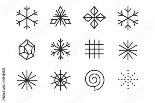 Arctic Snowflake Icons. Arctic geometry. Line outline icon set of arctic geometry: hexagon snowflake, triangle