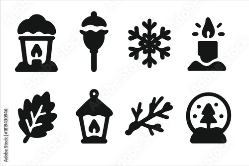 Snow Lantern Icons Set. Snow Lanterns. Filled icon set of Snow Lanterns: lantern with snow, snowy light post,