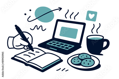 Minimalist Workspace Vibes. Tea and laptop desk. Minimal work-from-home moment — open laptop, notebook, cup of