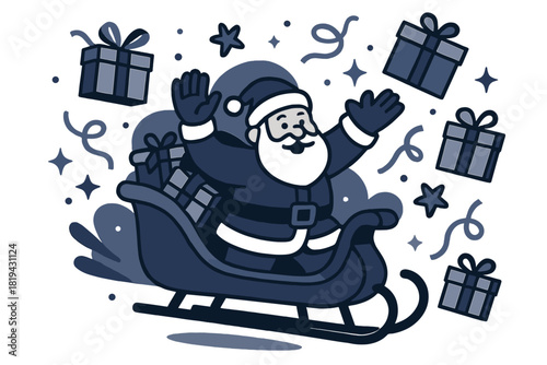 Festive Santa Gift Toss. Gift delivery night. Santa waving while tossing gifts from sleigh, ribbons and stars