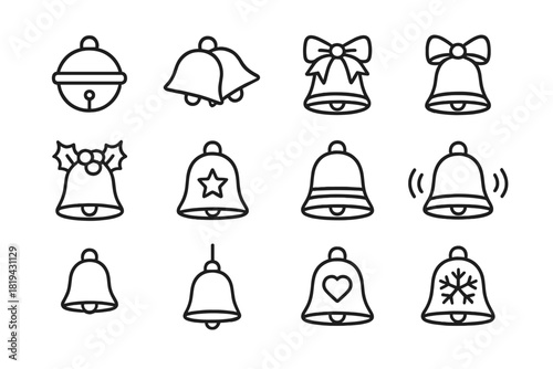 Festive Bell Icons. Festive bells. Line outline icon set of festive bells: jingle bell, bell pair, decorated