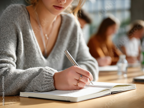 Wallpaper Mural Young woman writing in notebook at desk, focused student in classroom with natural light, casual sweater, learning atmosphere Torontodigital.ca