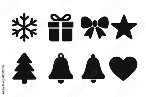 Holiday Icon Set. Holiday Greetings. Filled icon set of Holiday Greetings: hand lettering, snowflake, gift box