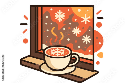Snowy Café Glow. Snowy café window. Cup of snowflake latte on windowsill, blurred snowflakes outside, warm