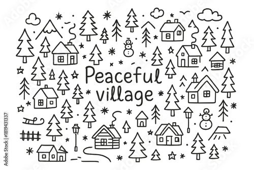 Peaceful Village Doodle. Peaceful village. Hand-drawn doodle illustration of Peaceful village. Small houses,