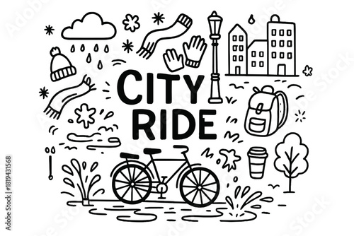 City Ride Doodle. City Ride. Hand-drawn doodle illustration of City Ride. Bicycle, wet street, puddles, lamp