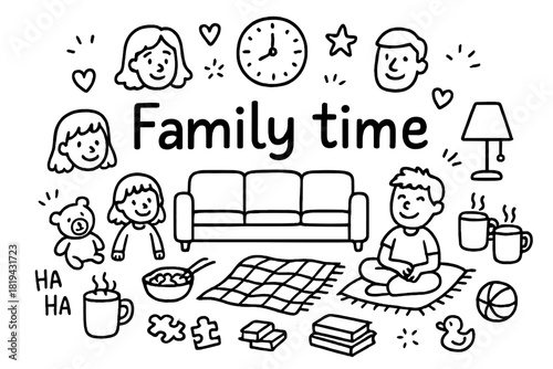 Family Time Doodle. Family time. Hand-drawn doodle illustration of Family time. Parents, kids, hearts, stars,
