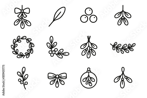 Decorative Mistletoe Icons. Decorative mistletoe. Line outline icon set of decorative mistletoe: mistletoe