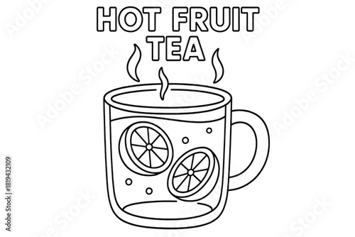 Fruit Tea Coloring. Hot fruit tea children’s coloring book illustration, outlined drawing, transparent mug
