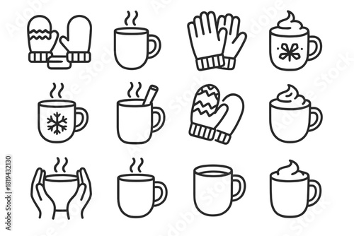 Cozy Holiday Icon Set. Holiday warmth. Line outline icon set of holiday warmth: mittens holding mug, steaming