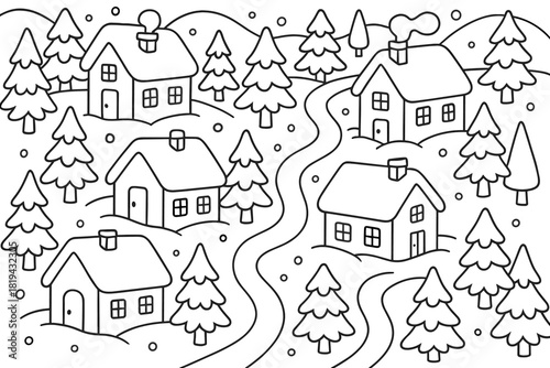 Winter Village Coloring Page. Winter village aerial view children’s coloring book illustration, outlined