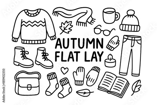 Autumn Essentials Doodle. Autumn Flat Lay. Hand-drawn doodle illustration of Autumn Flat Lay. Sweater, scarf,