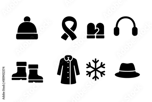 Winter Icon Collection. Winter Accessories. Filled icon set of Winter Accessories: beanie, scarf, mittens,