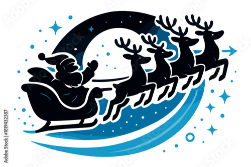 Santa's Moonlit Flight. Santa and reindeer flying past moon. Silhouettes in perfect arc, snow trails curving