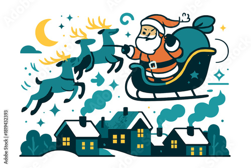 Santa's Starry Flight. Santa Claus flying above snowy town. Tiny glowing houses below, chimney smoke rising,