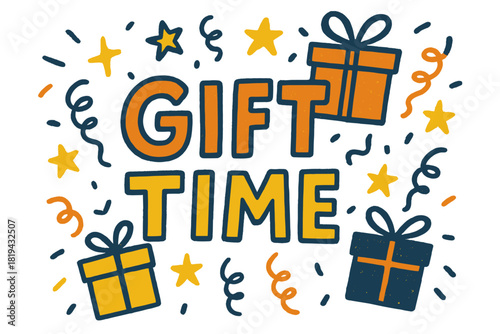 Festive Gift Doodles. Gift Time — Doodle / Sketch: hand-drawn letters with uneven outlines; doodles of gifts,