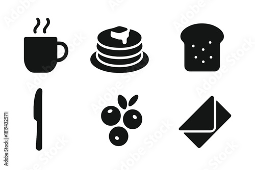 Cozy Breakfast Icons. Cozy Breakfast. Filled icon set of Cozy Breakfast: mug of cocoa, pancakes, toast, butter