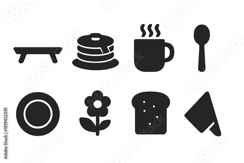 Breakfast Tray Icons. Breakfast Tray. Filled icon set of Breakfast Tray: tray, pancakes, cocoa mug, spoon,