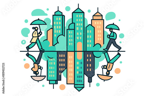 Urban Reflection Symphony. Urban mirror effect. Skyscrapers glowing above, reflections doubling below, tiny