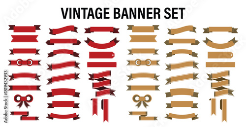 set of banners, set of red and golden ribbons, Vintage Retro Vector Logo for banner, Vintage Ribbon Banner Set in Red and Gold | Retro Classic Decorative Ribbons