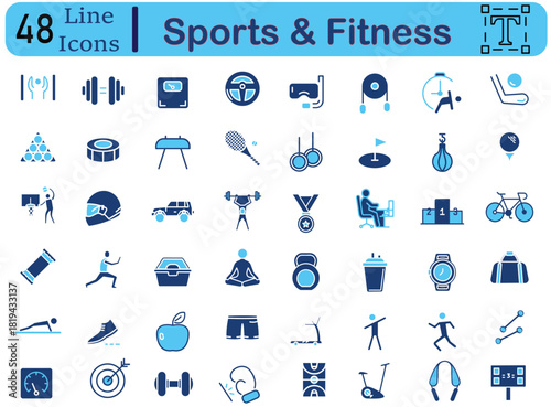 Sports and Wellness Icons set like weightlifting, diving, swimming, golf, gymnastics, tennis, boxing, cycling, yoga, running, healthy eating and more. Solid icons vector collection