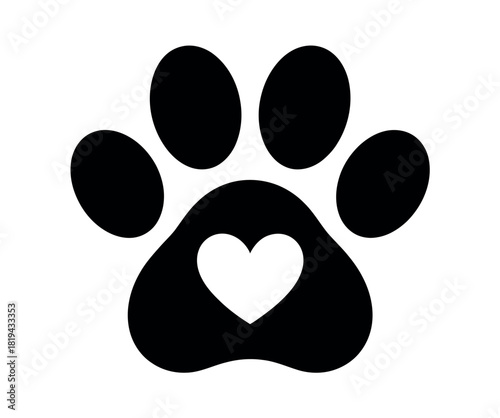 A stylized black paw print with a white heart in its center.