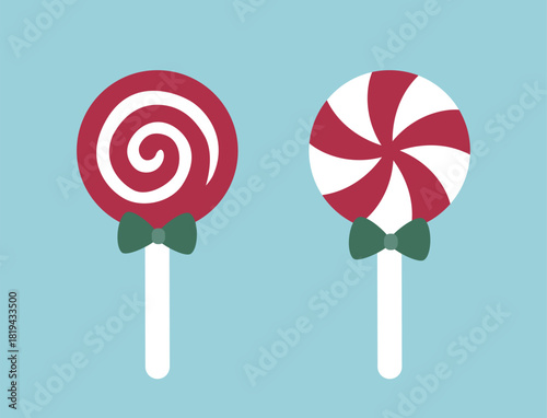 Red and white peppermint lollipop clipart set.
Winter Christmas party candy flat vector illustration.
White background.