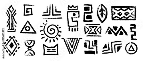 Hand drawn doodle tribal pattern set. Ethnic ancient culture line art elements. African ornament collection. Vector illustration design