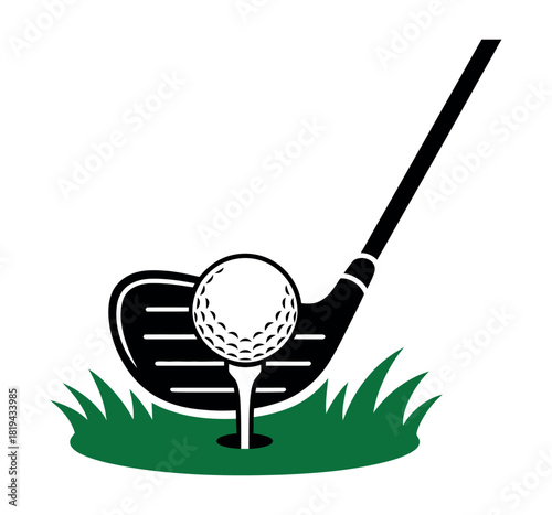 A golf club and ball are poised to strike on a tee box with grass and a hole.